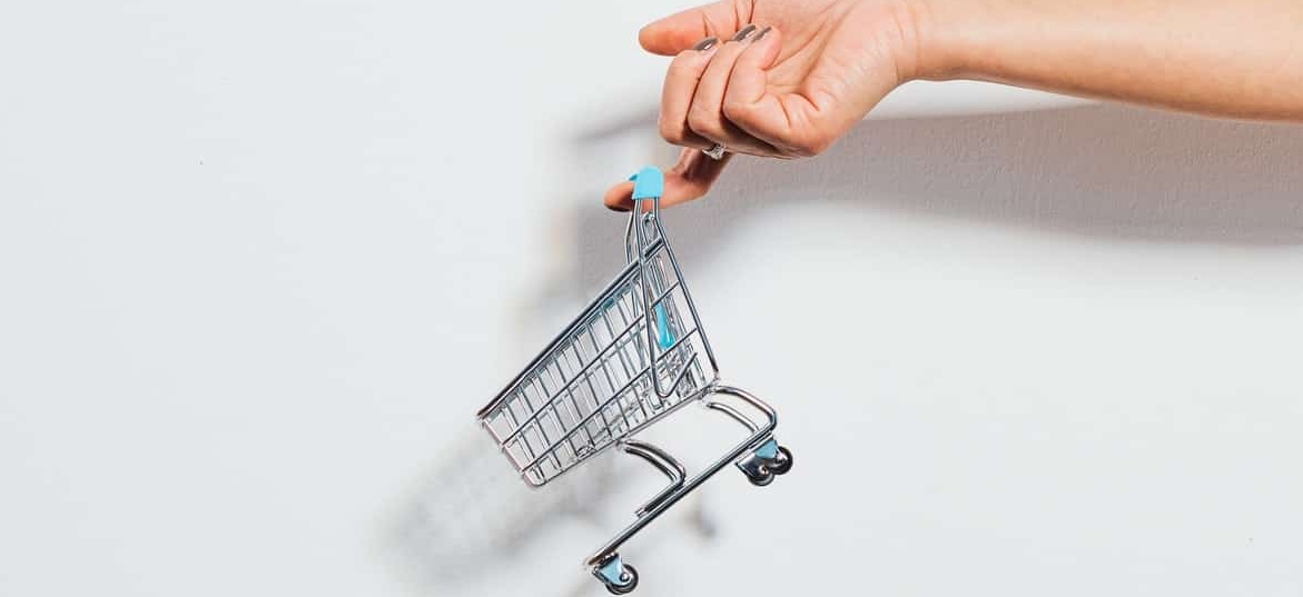 a hand holding a miniature shopping cart